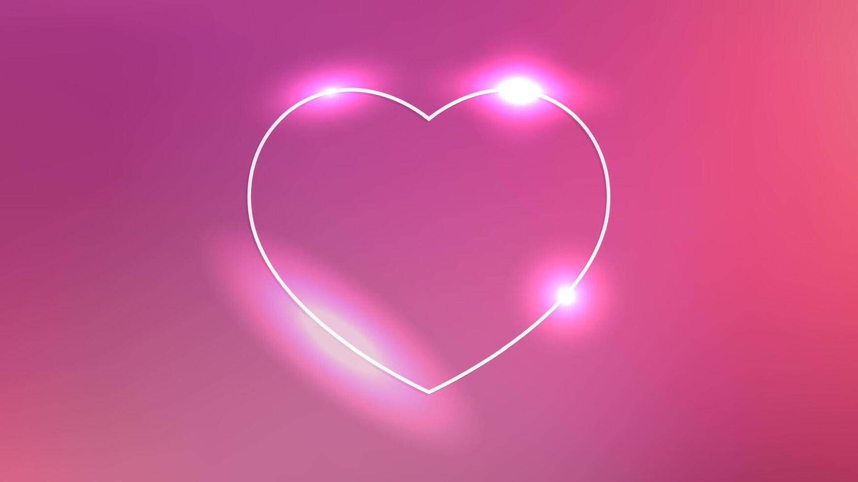 Neon frame in heart form with shining effects on pink background. Empty glowing techno backdrop. illustration vector