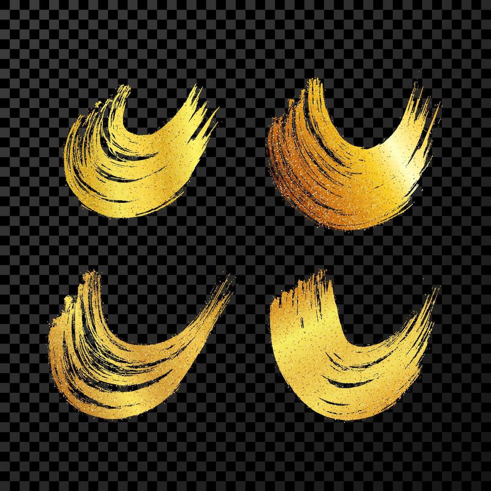 Gold grunge semicircular brush strokes. Set of painted wavy ink stripes. Ink spot isolated on dark background. illustration vector