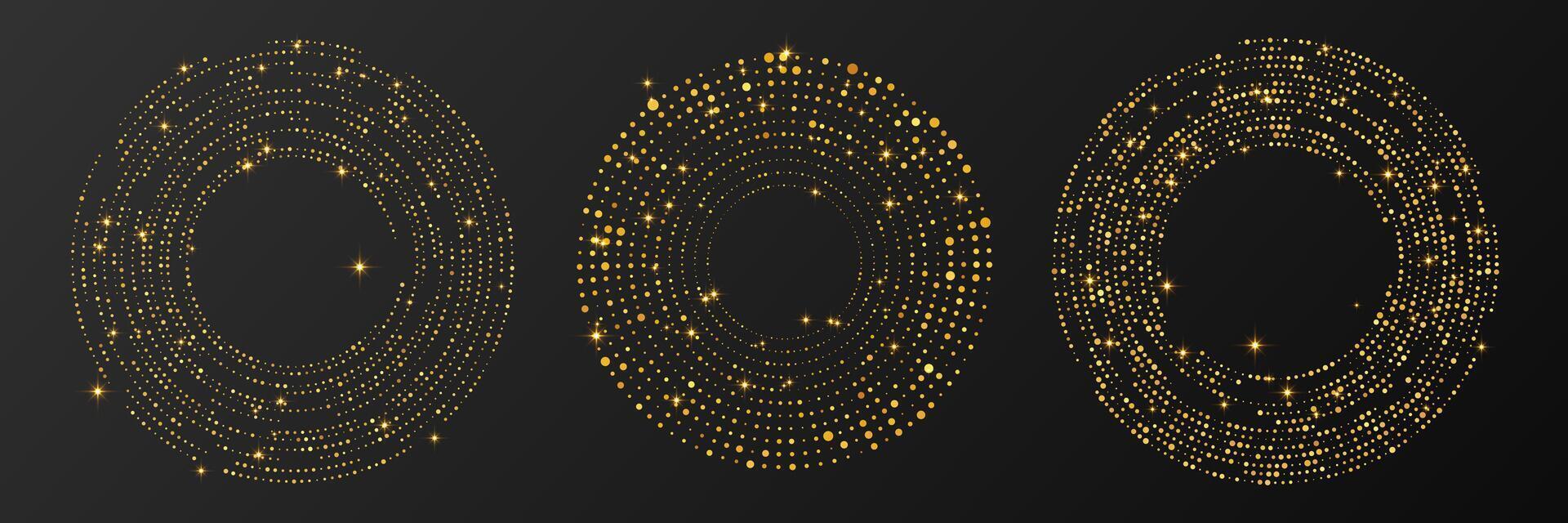 Abstract gold glowing halftone dotted background. Set of three gold glitter patterns. Circle halftone dots vector