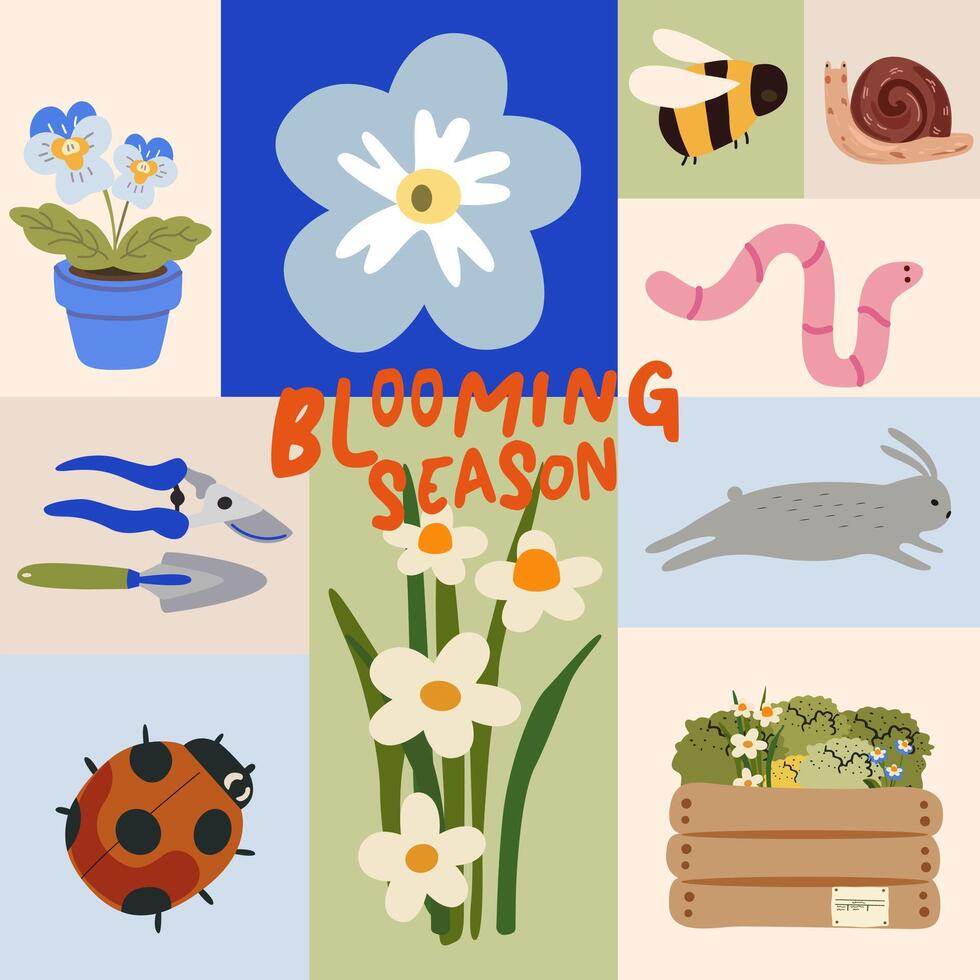 Springtime illustration. Collection of floral, botanical, animals, insects elements. Spring icon set. Blooming flowers, seedlings vector