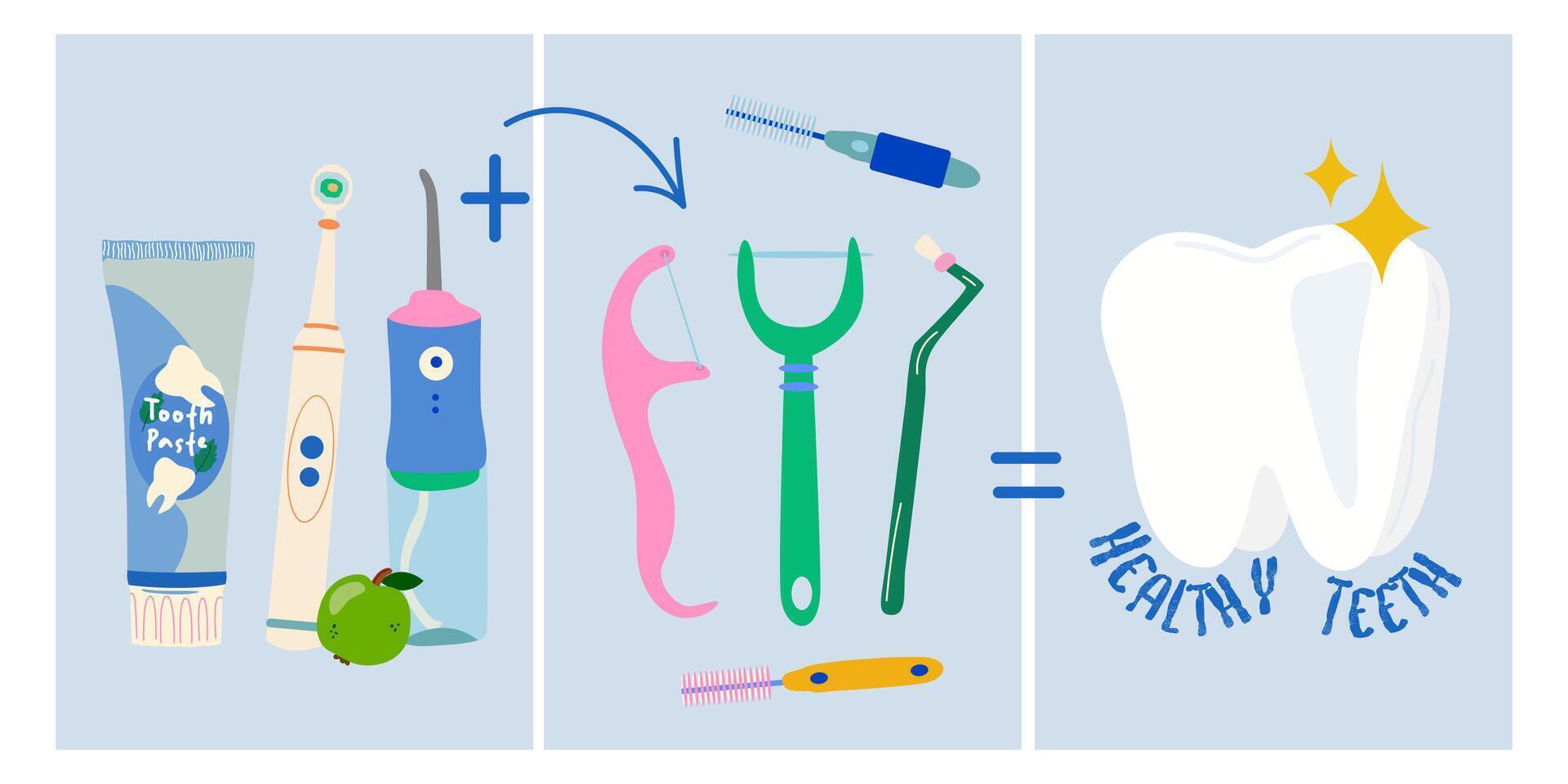 Dentist day collection of greeting cards. Irrigator, toothpaste, dental rinse vector