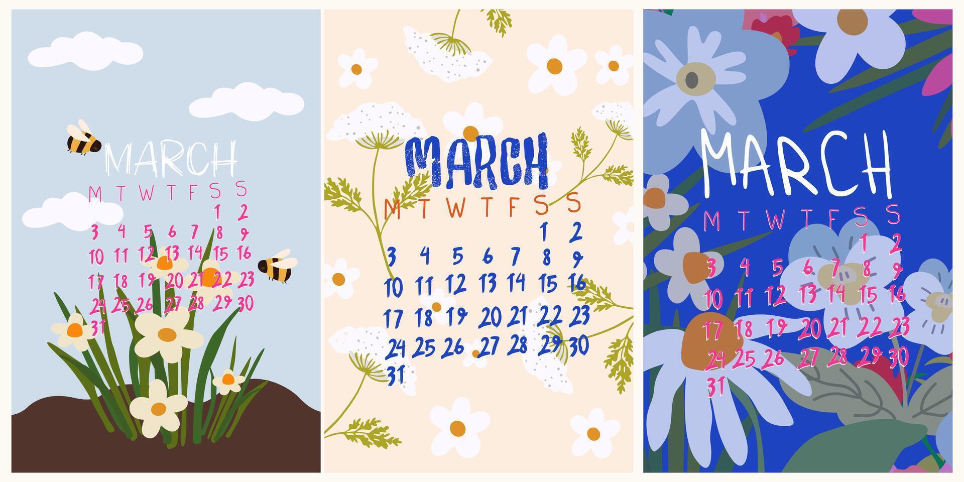 Cozy March 2025 calendar collection. Cute printable flower calendar vector