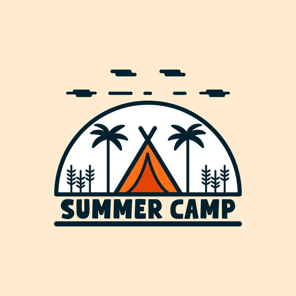 Summer camp logo with a minimalist design, highlighting a sun and trees, representing a fun and adventurous outdoor theme. vector