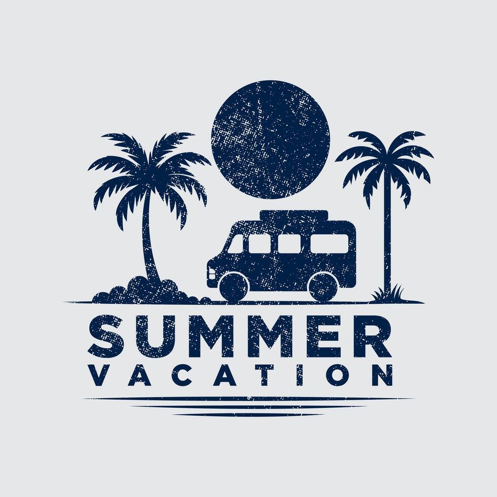 A cheerful summer vacation logo depicting a van and palm trees, representing fun and exploration during the summer season. vector