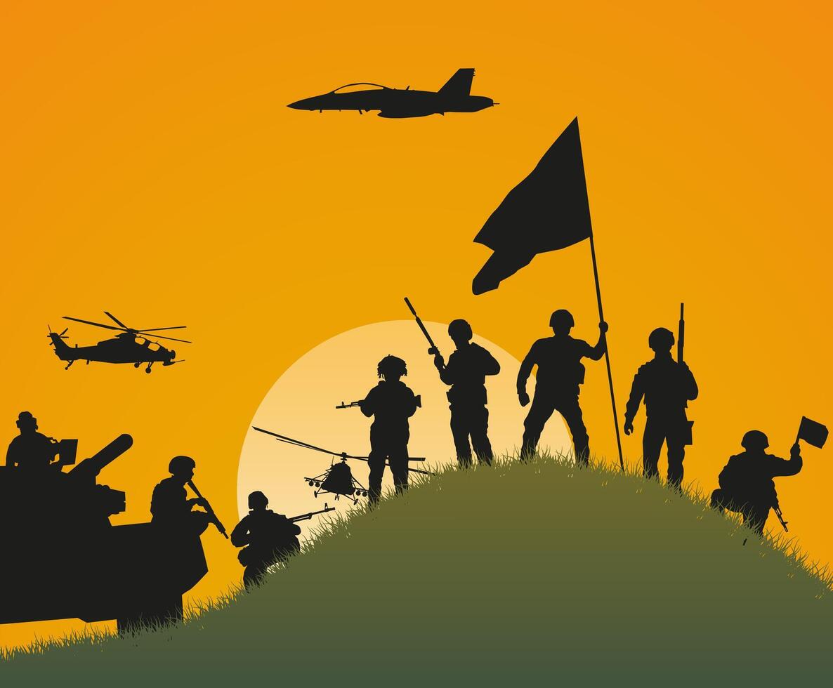 The importance of winning. Silhouettes of soldiers who won the battle against the background of the setting sun. vector