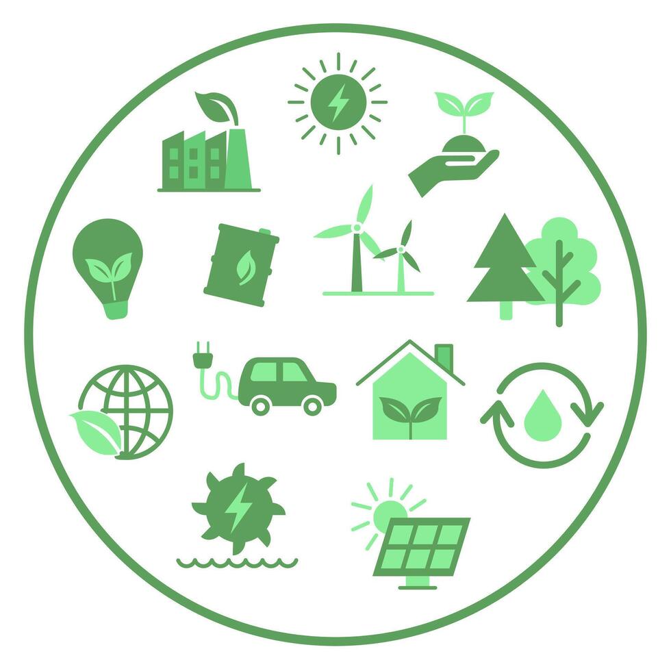 Green flat icon set related to renewable energy. vector