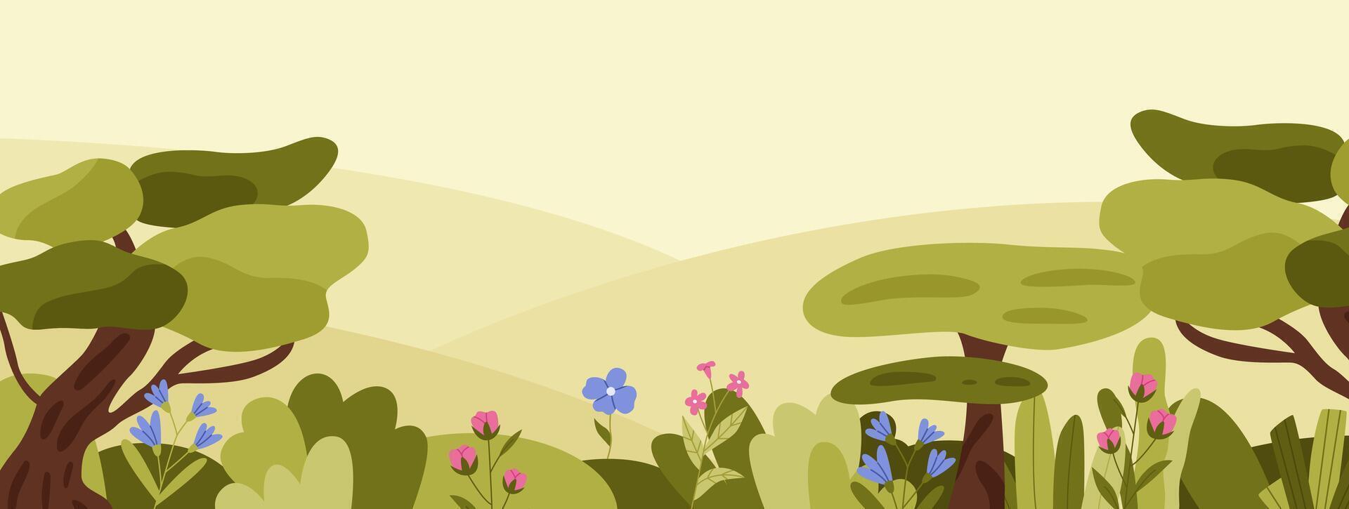 Spring background with copy space for text. Landscape with plants, leaves, flowers. Background for banner, greeting card, poster and adve. illustration in trendy flat simple style. vector