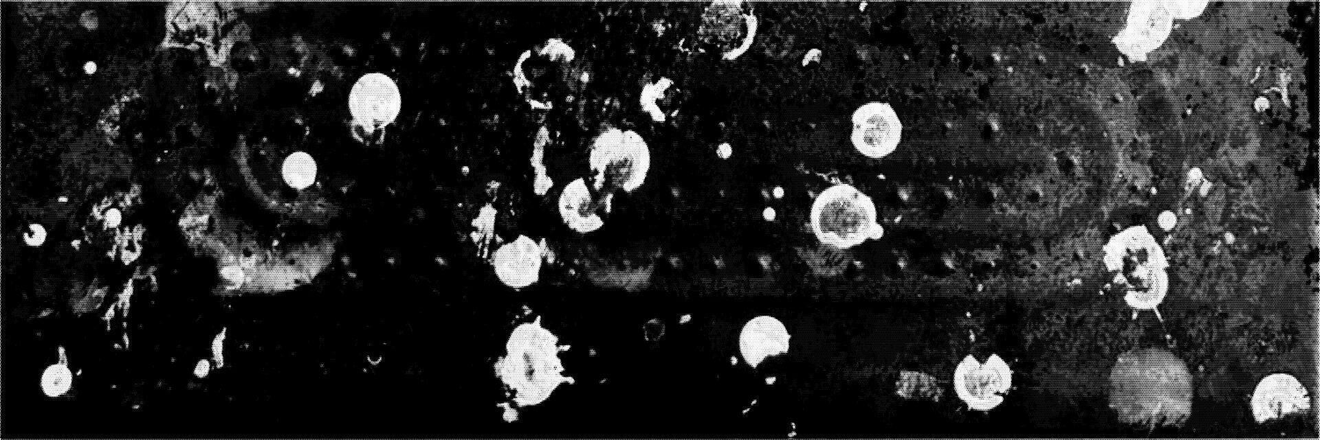 Grunge texture featuring halftones, scuffs, scratches, and splashes on a dark background reminiscent of worn surfaces. vector