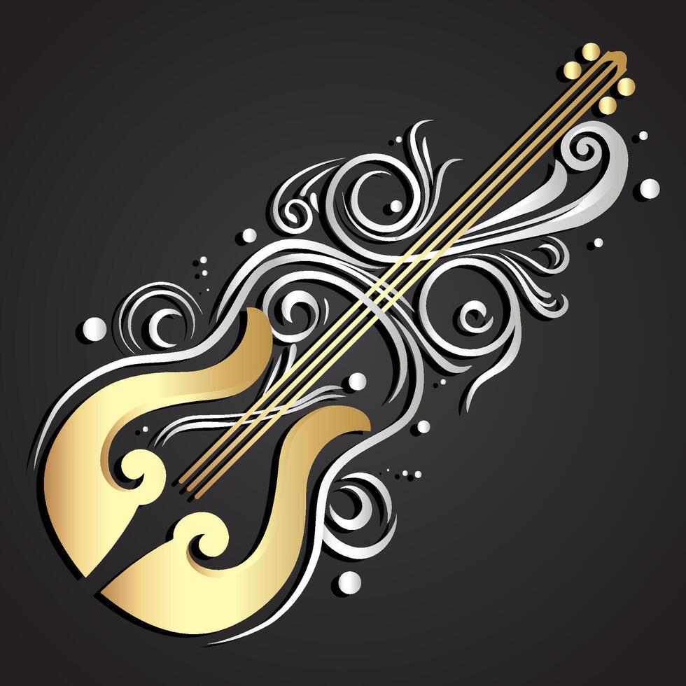 3d elegant gold silver ornamental stylized guitar music theme logo vector