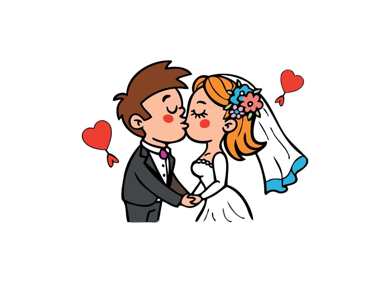 Cartoon Wedding Couple Kiss with Hearts vector