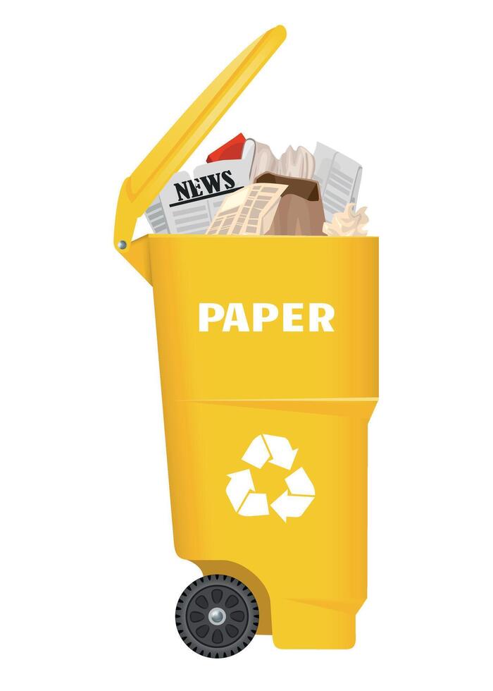 plastic trash container for paper waste with open lid and yellow garbage on white background vector