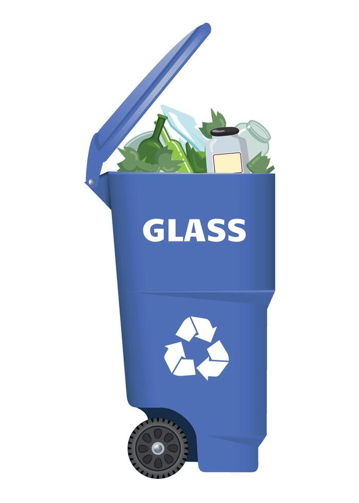plastic trash container for glass with open lid and blue garbage on white background vector