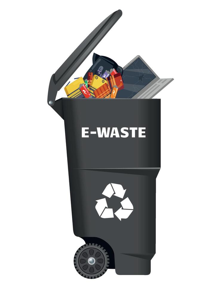 plastic electronic waste bin with open lid and black trash on white background vector
