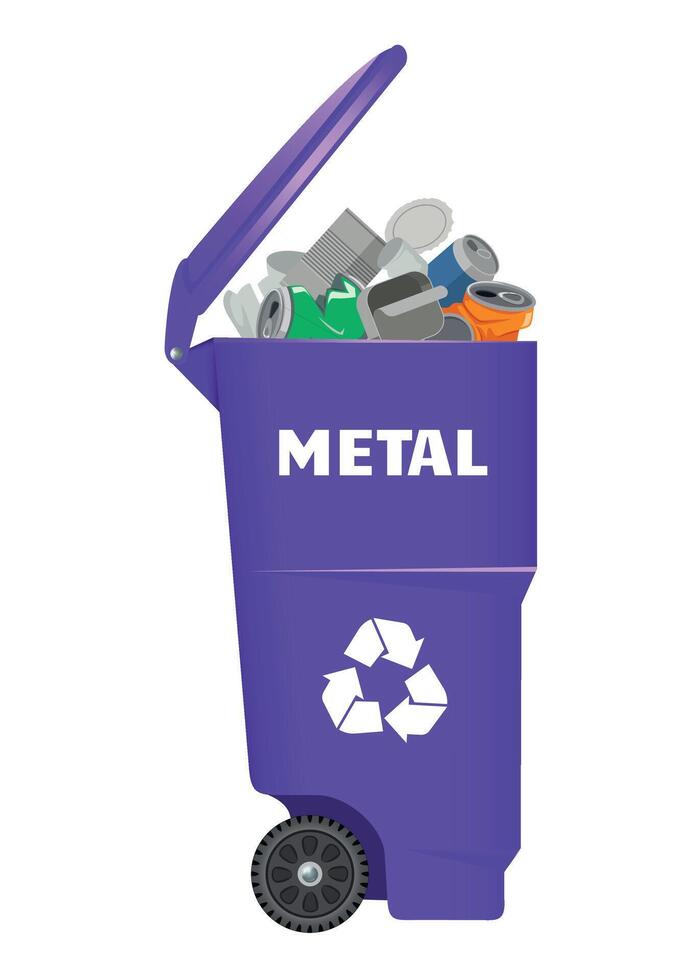 plastic trash container for metal waste with open lid and lilac colored garbage on white background vector