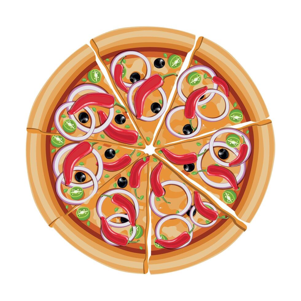 detailed color pizza icon with pepper and onion on white background vector