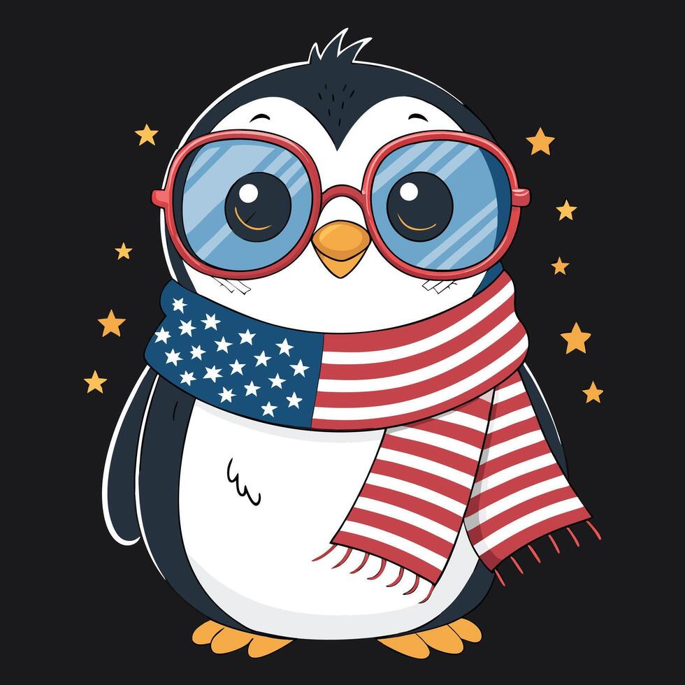 Penguin wearing glasses and scarf with american flag vector