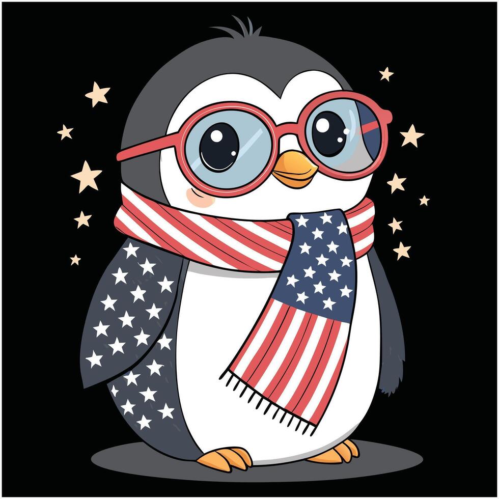 An image of a penguin wearing glasses and an american flag scarf vector