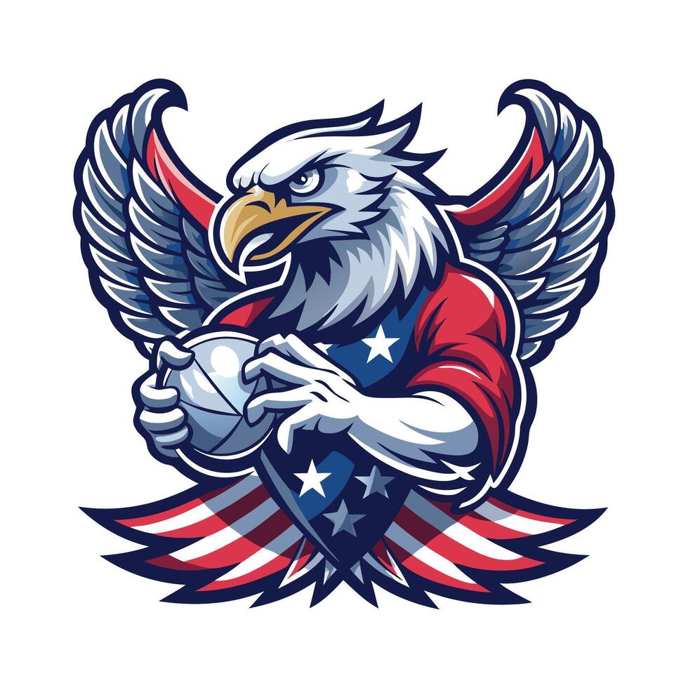 American eagle mascot holding ball with wings and stars on it vector