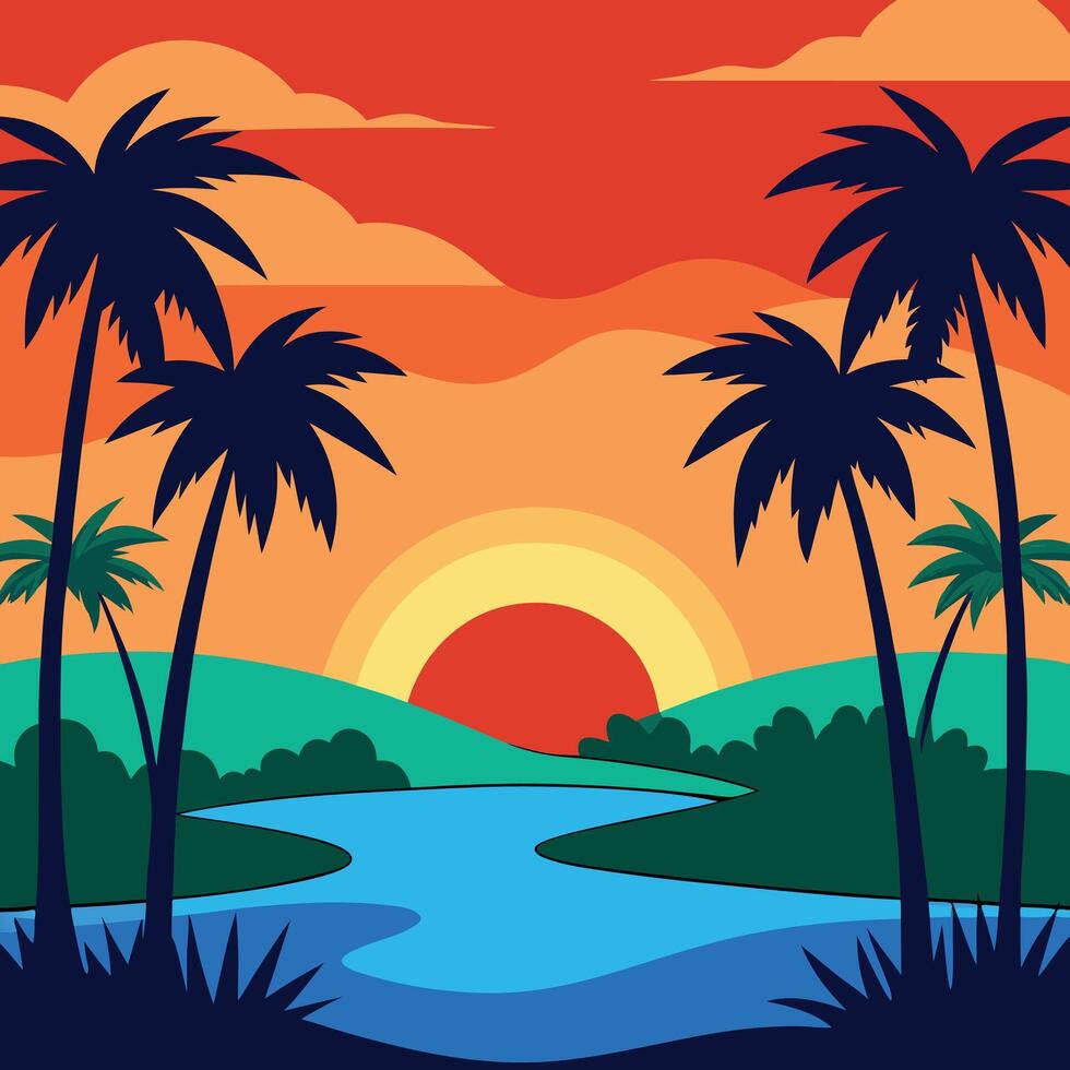tropical sunset landscape with palm trees and river vector