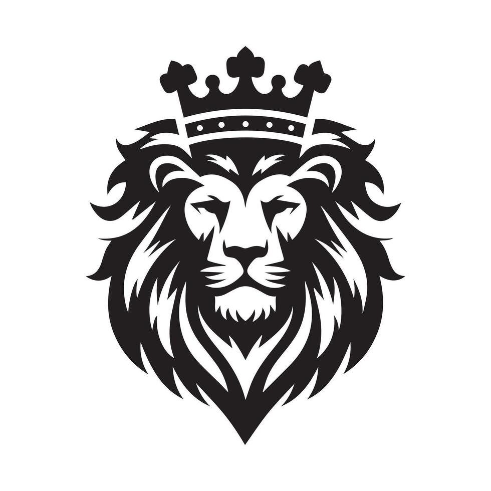 lion head with crown on top, black and white logo vector