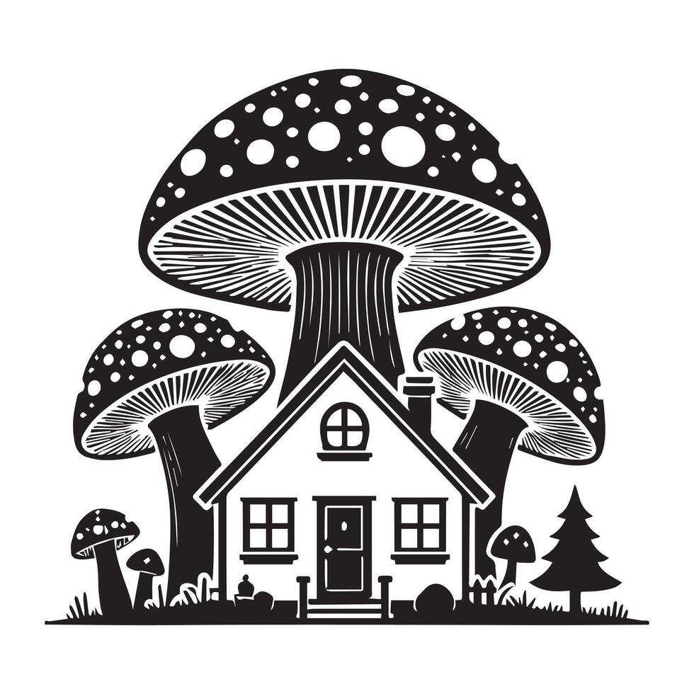 mushroom house with mushrooms and trees vector
