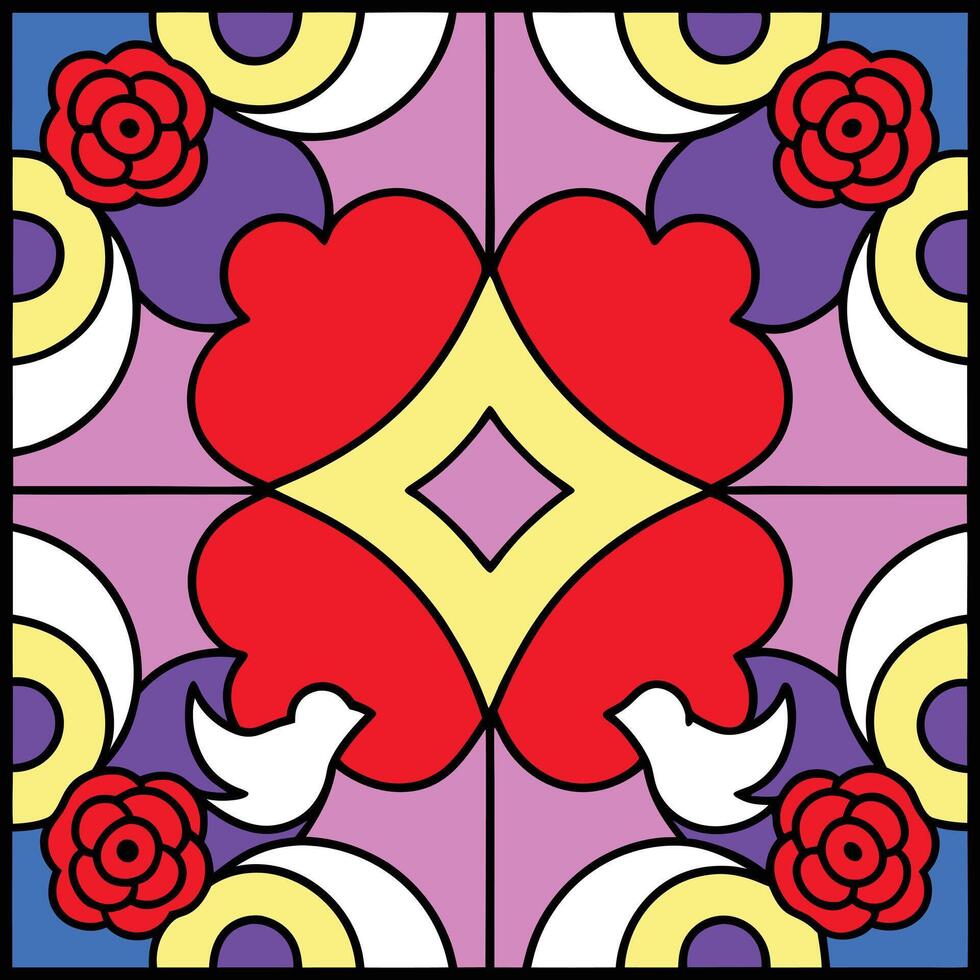 a stained glass design with two birds and a heart vector