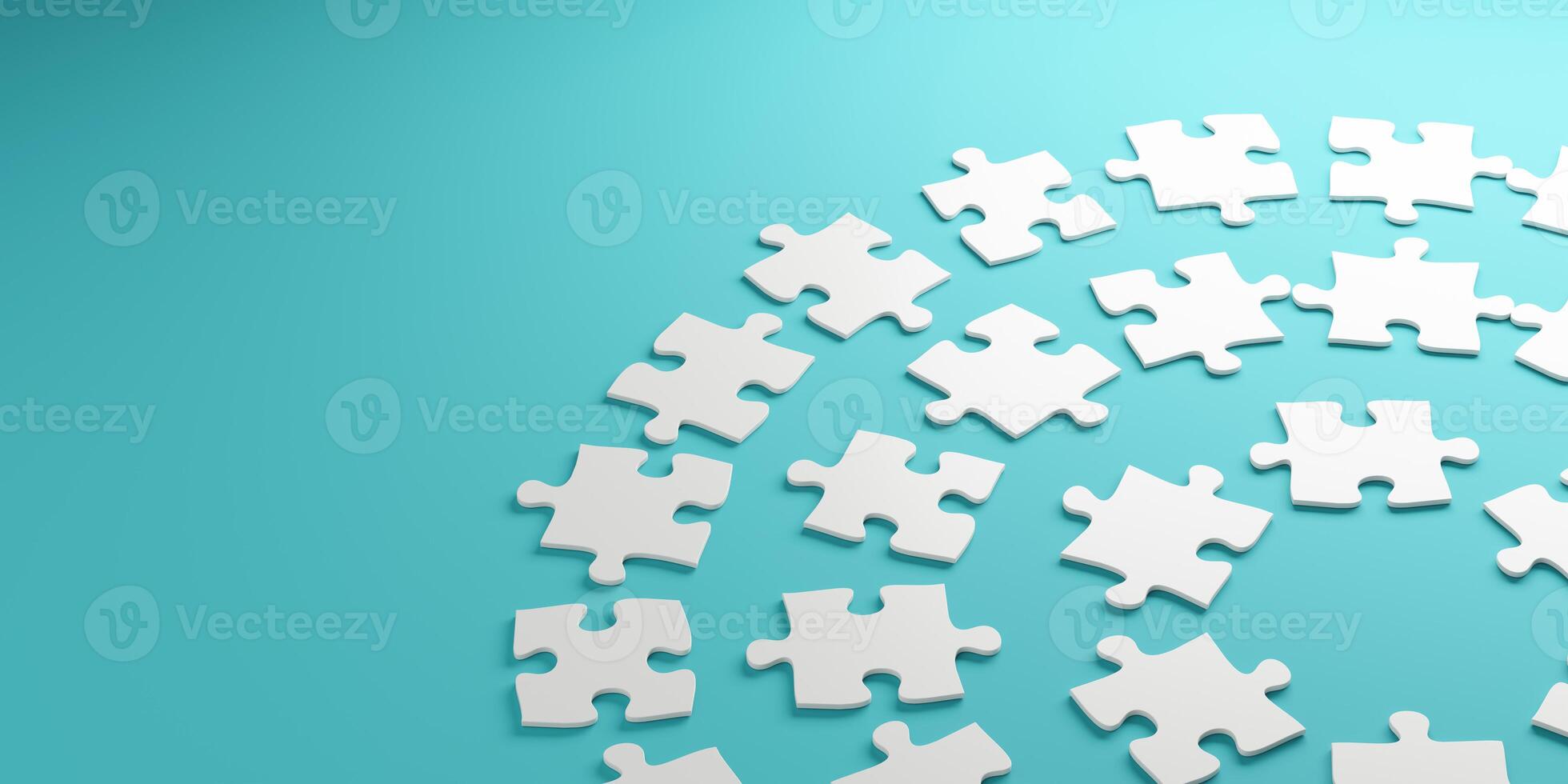 White puzzle pieces arranged in a circular pattern on a blue background. photo
