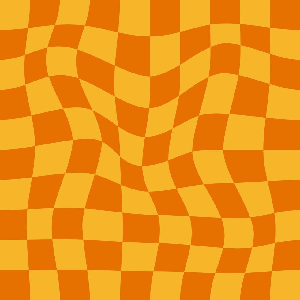 Vibrant Wavy Checkerboard Pattern in Warm Orange and Yellow Tones Abstract Optical Illusion Background vector