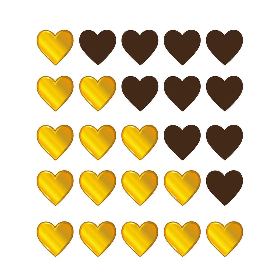 Five hearts rating icon illustration isolated on white background. Feedback ranking system from 1 to 5. Set of gold hearts. vector