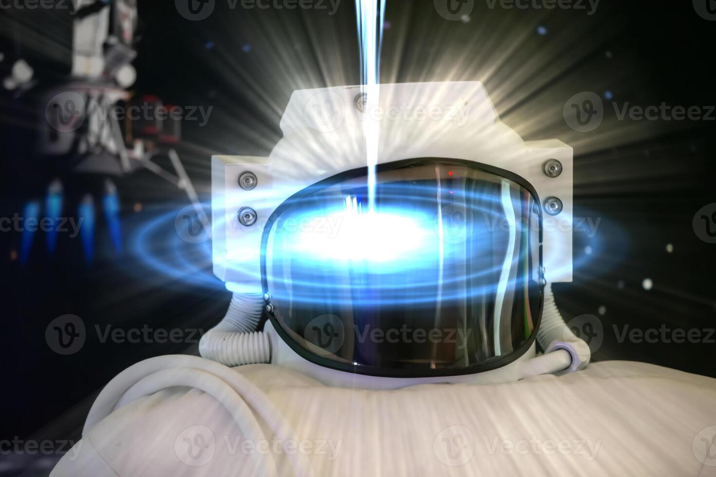 An astronaut's helmet in the cosmic glow. The cosmonaut's hat. photo