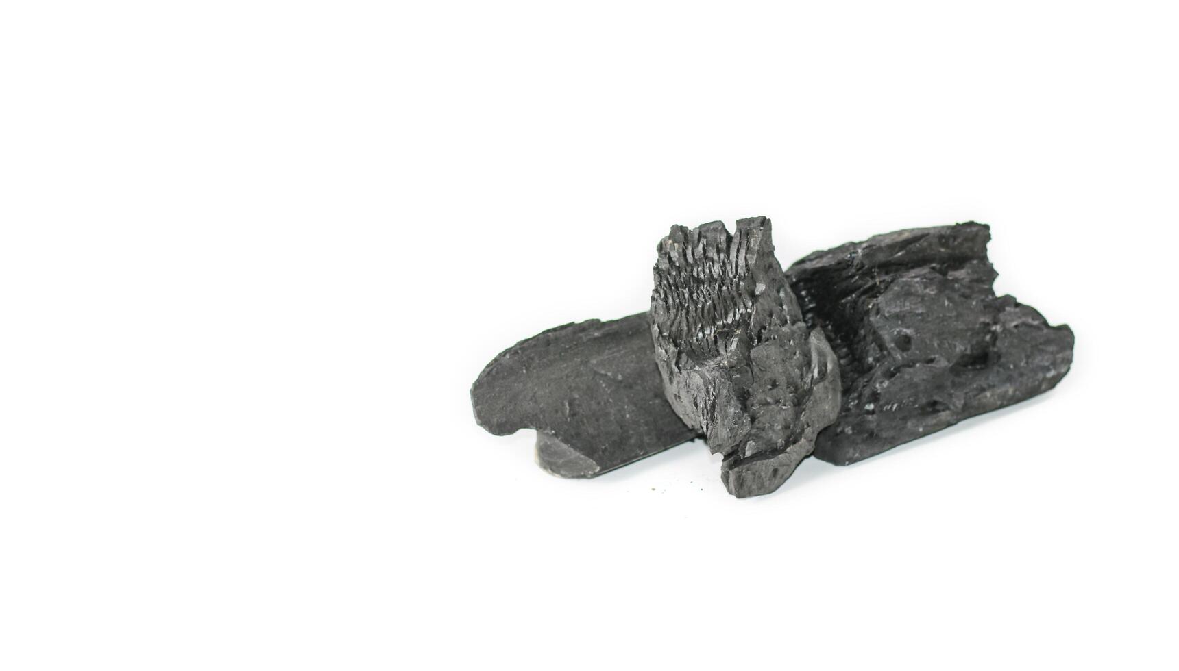 Isolated pieces of black charcoal on a clean white background, showcasing its rough texture and deep, rich color. Often used for grilling, art, and filtration. photo