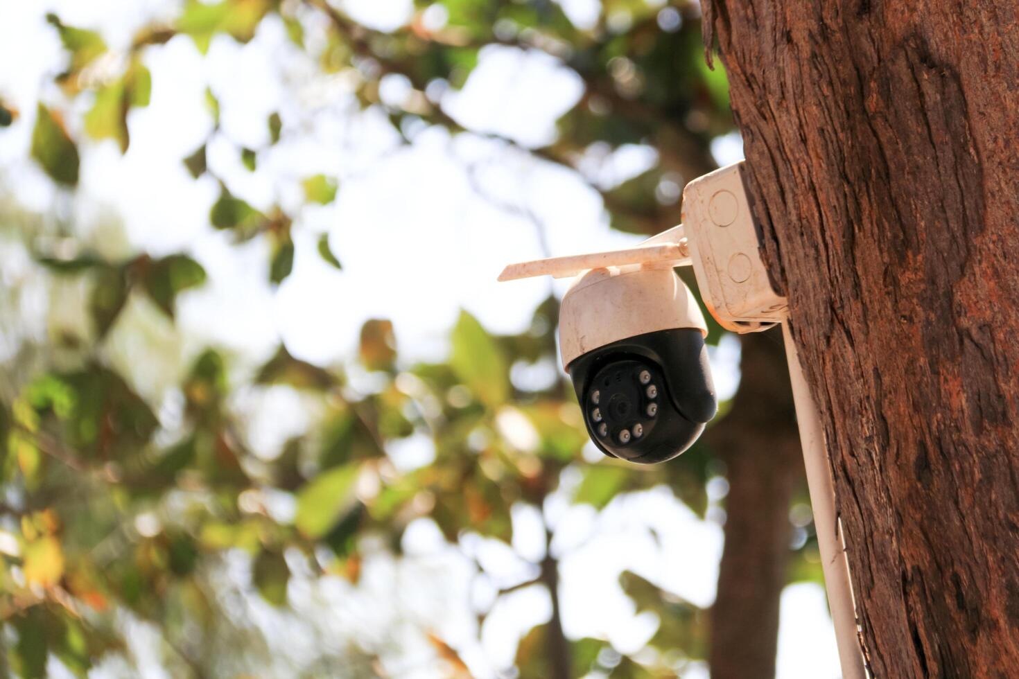 An old yet reliable CCTV camera mounted outdoors, exposed to sun and rain over the years, standing guard to ensure security for homes. Symbol of safety and modern surveillance technology. photo