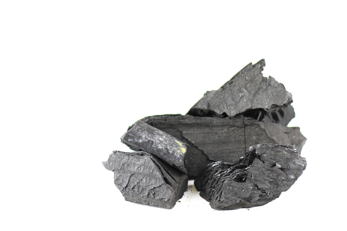 Isolated pieces of charcoal resting on a clean white background. photo