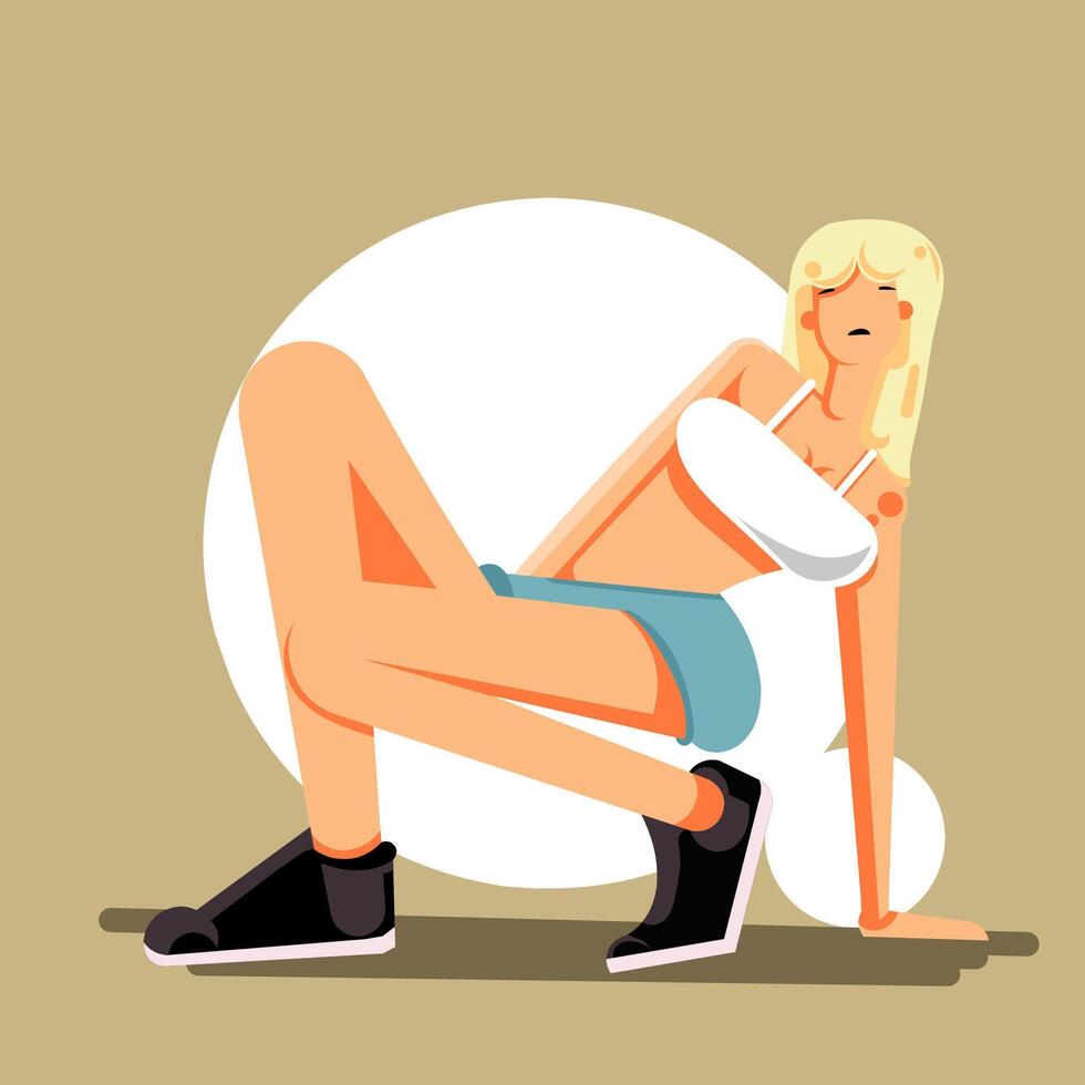 A cartoon woman in shorts and sneakers sitting on the floor vector