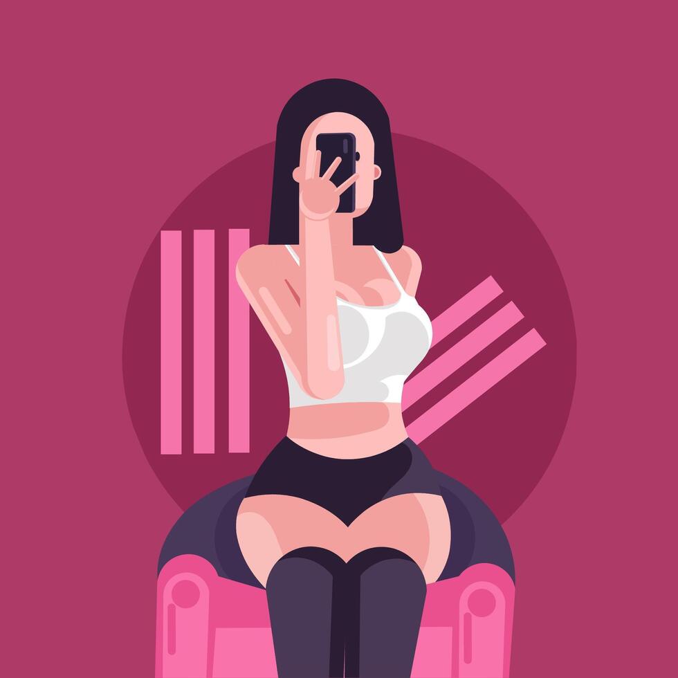 woman sitting on a red sofa, taking a selfie using a smartphone, flat design vector
