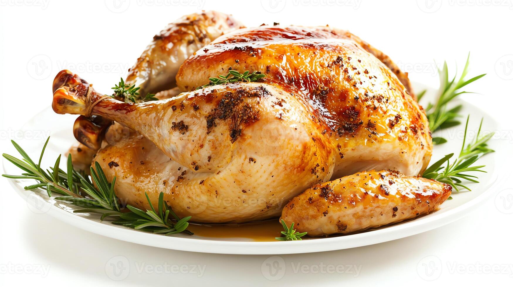 Beautifully roasted turkey served on a plate with fresh herbs as garnish, placed against a clean white background. Perfect for holiday feasts and family gatherings. photo