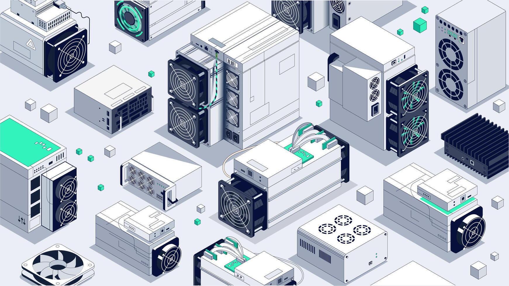 Asics Background for Mining Farm. Isometric Bg illustration vector