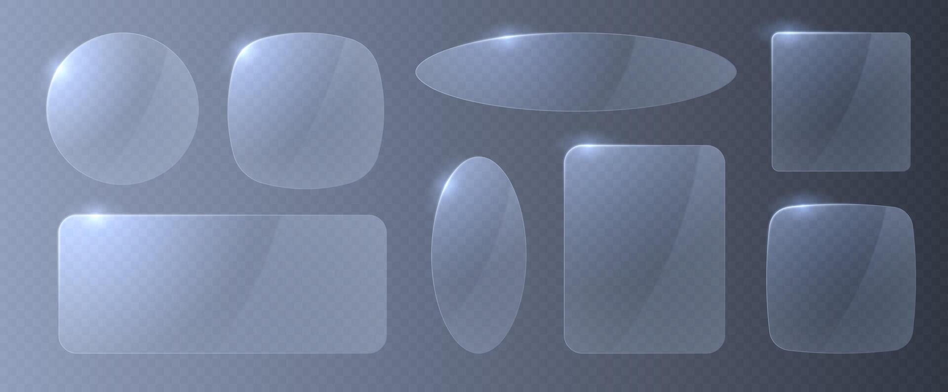 Collection of futuristic glass frames of rectangular, circular and oval shapes isolated on light background. vector