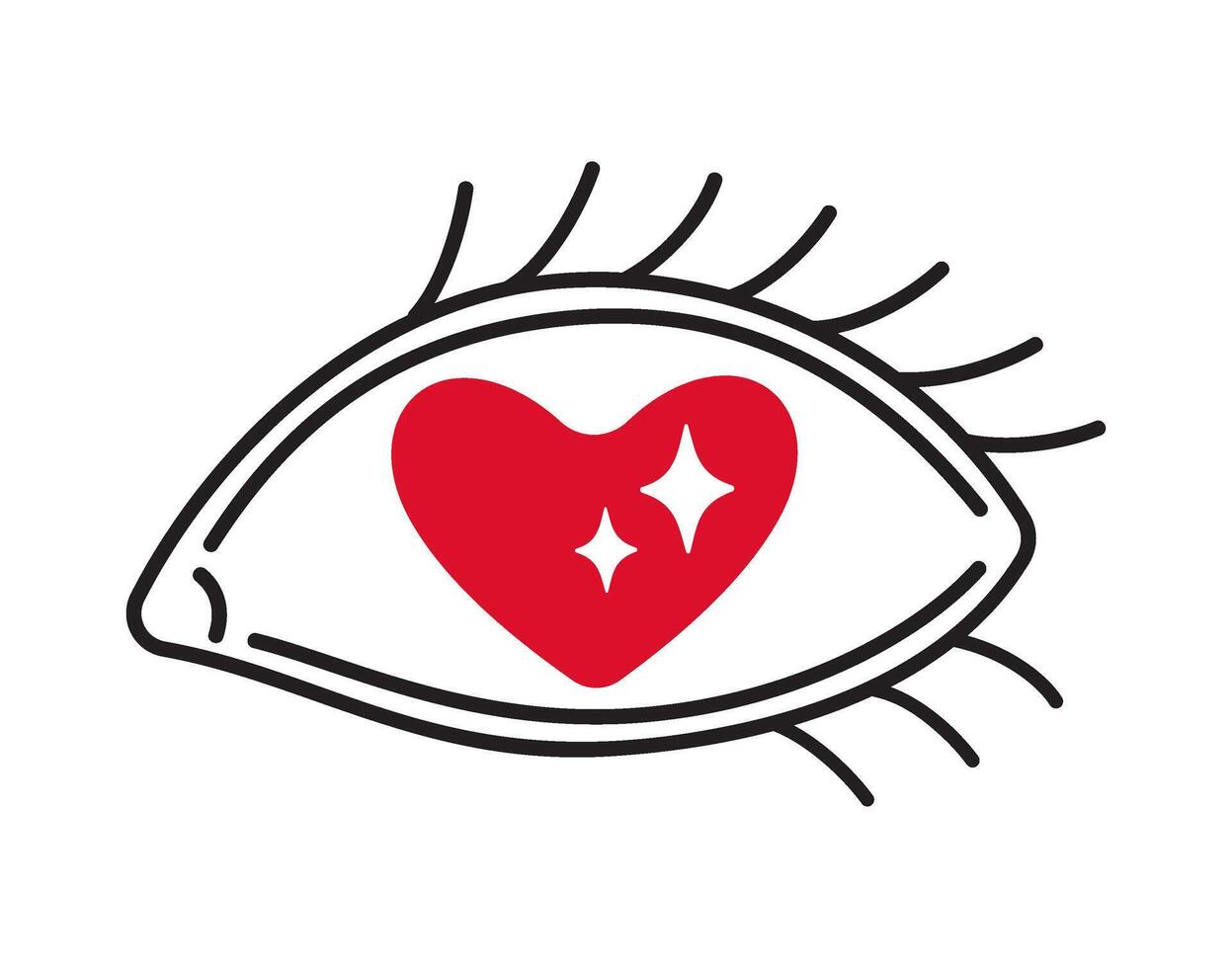 Eye with heart shaped pupil doodle style Hand drawn trendy flat style love isolated icon Romantic symbol of love for graphic design poster tattoo Valentines Day card line art vector