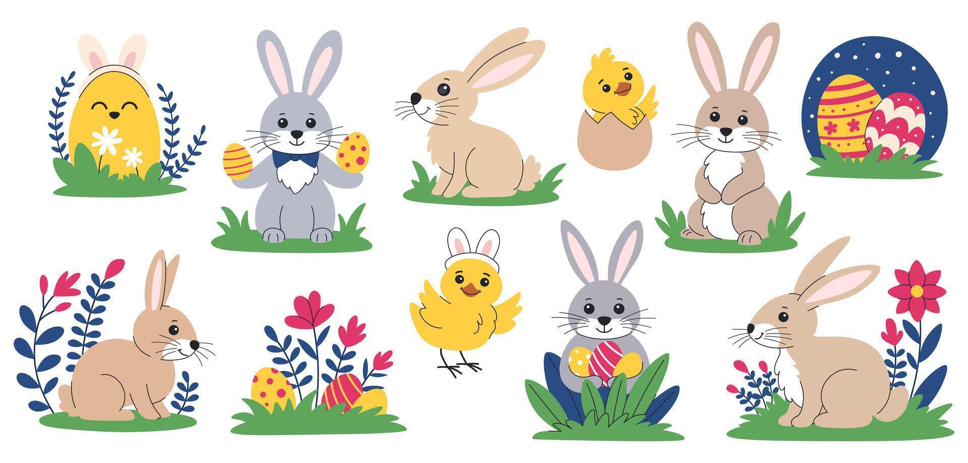 Easter bunnies, chicks and eggs set. Collection of cute Easter animals in flowers. Bright festive elements for Easter design. vector