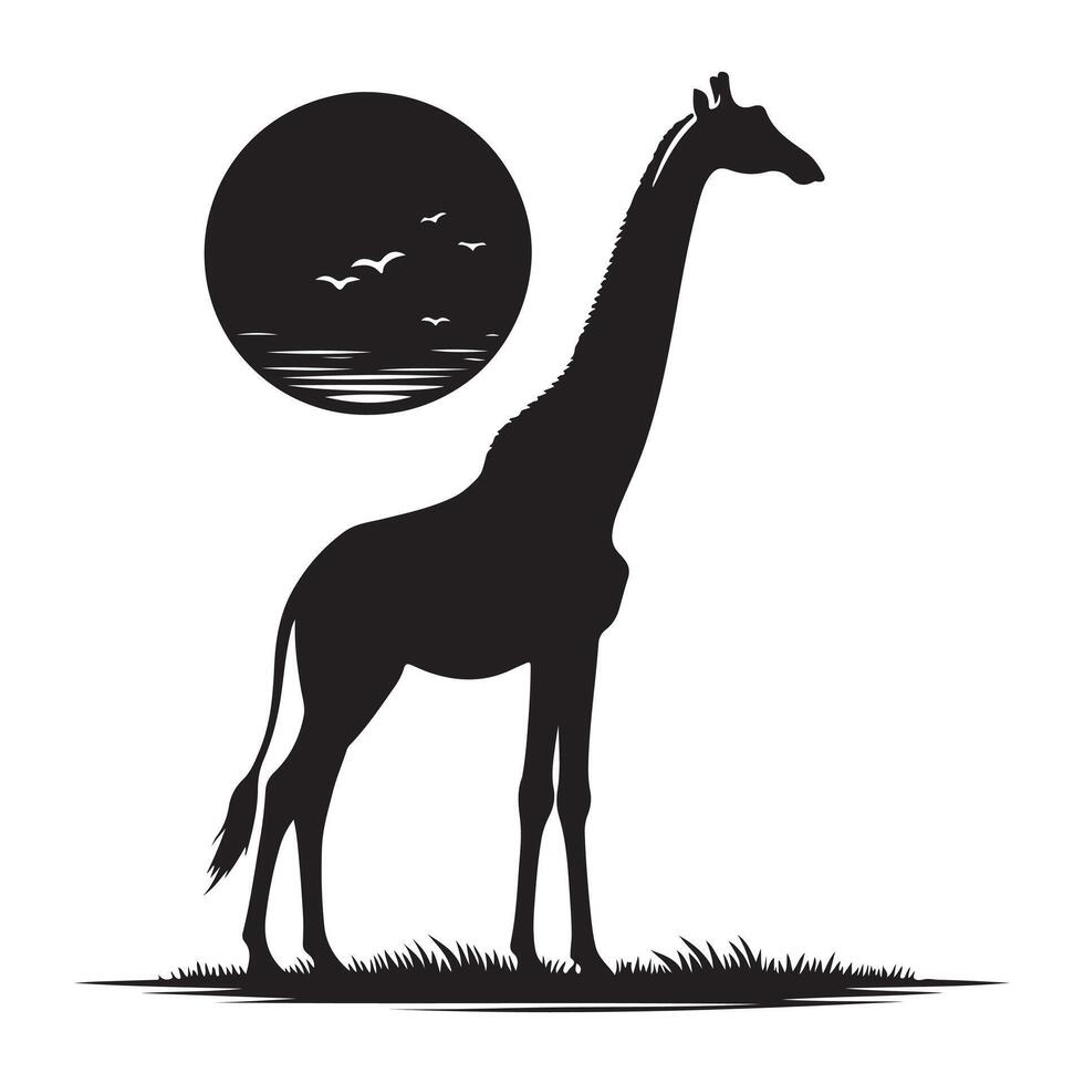 A black giraffe silhouette on a white background while it walks vector