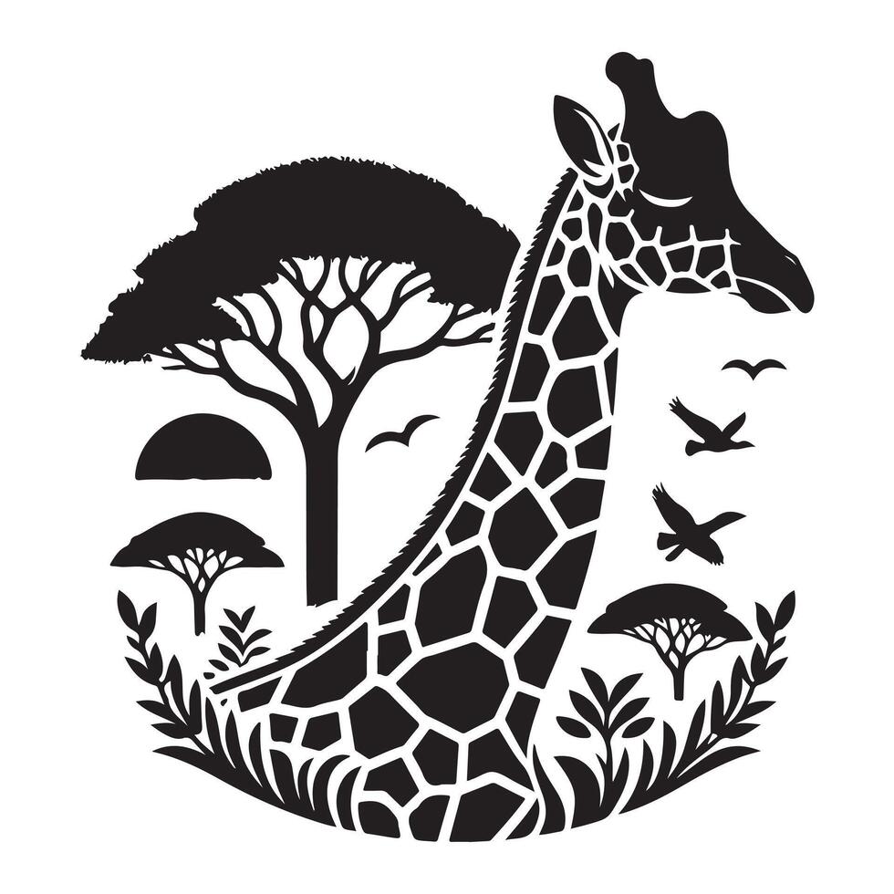 A silhouette of a giraffe eating a tree leaf vector