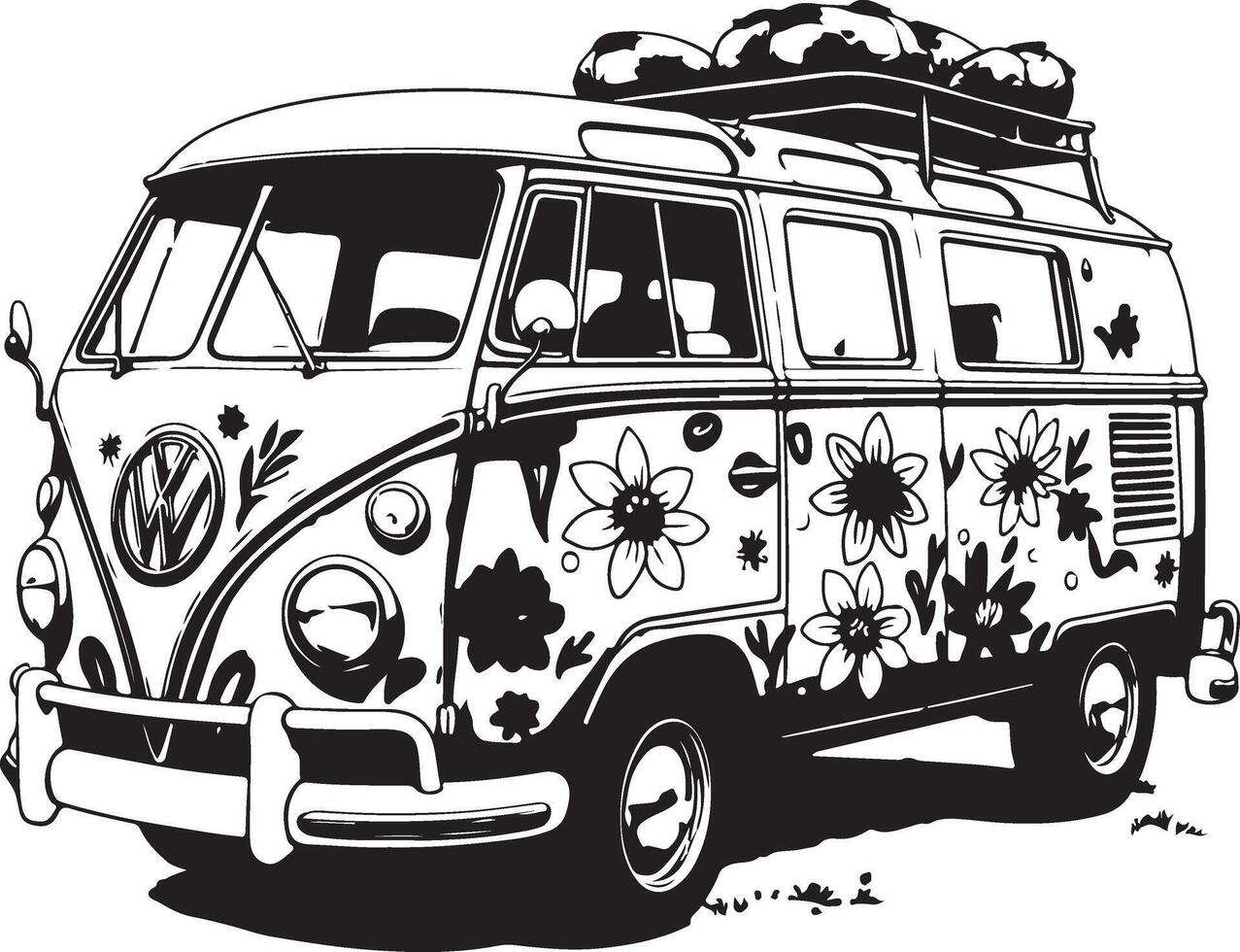 Volkswagen camper van with flowers on the side vector