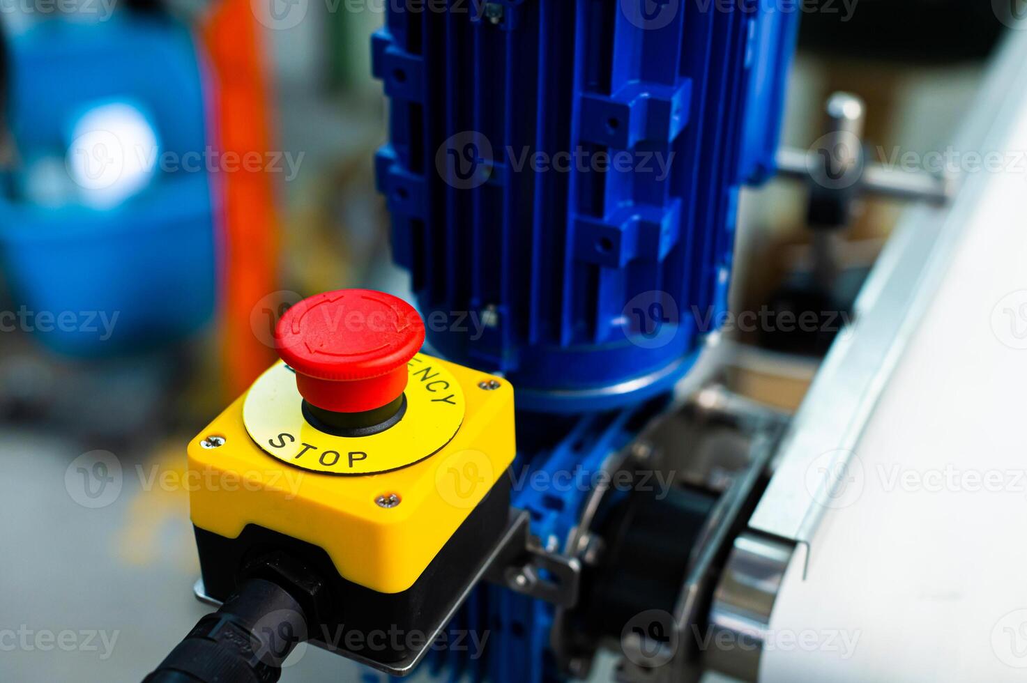 Simple red emergency stop button, machine rotation safety switch. Workplace safety, health hazard, worker protection abstract symbol photo