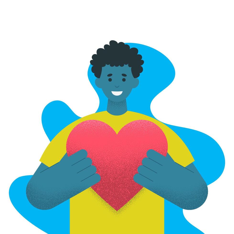 Happy man holding heart in hands. Cartoon character in flat style vector