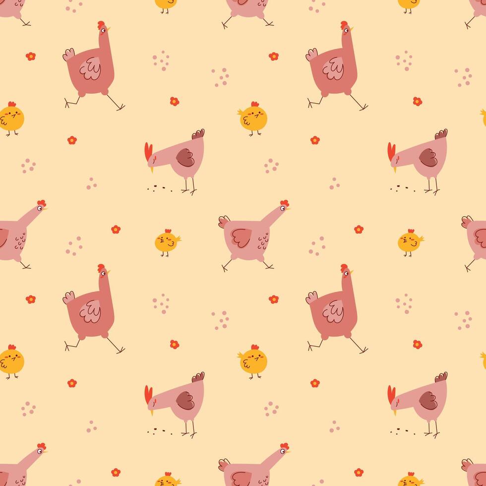 Cute Hen and Chicken Seamless Pattern with Grains and Flowers. Farm Animals Background in a Playful Hand Drawn Style. Perfect for Kids Products, Wrapping Paper, Fabrics and Easter Designs vector