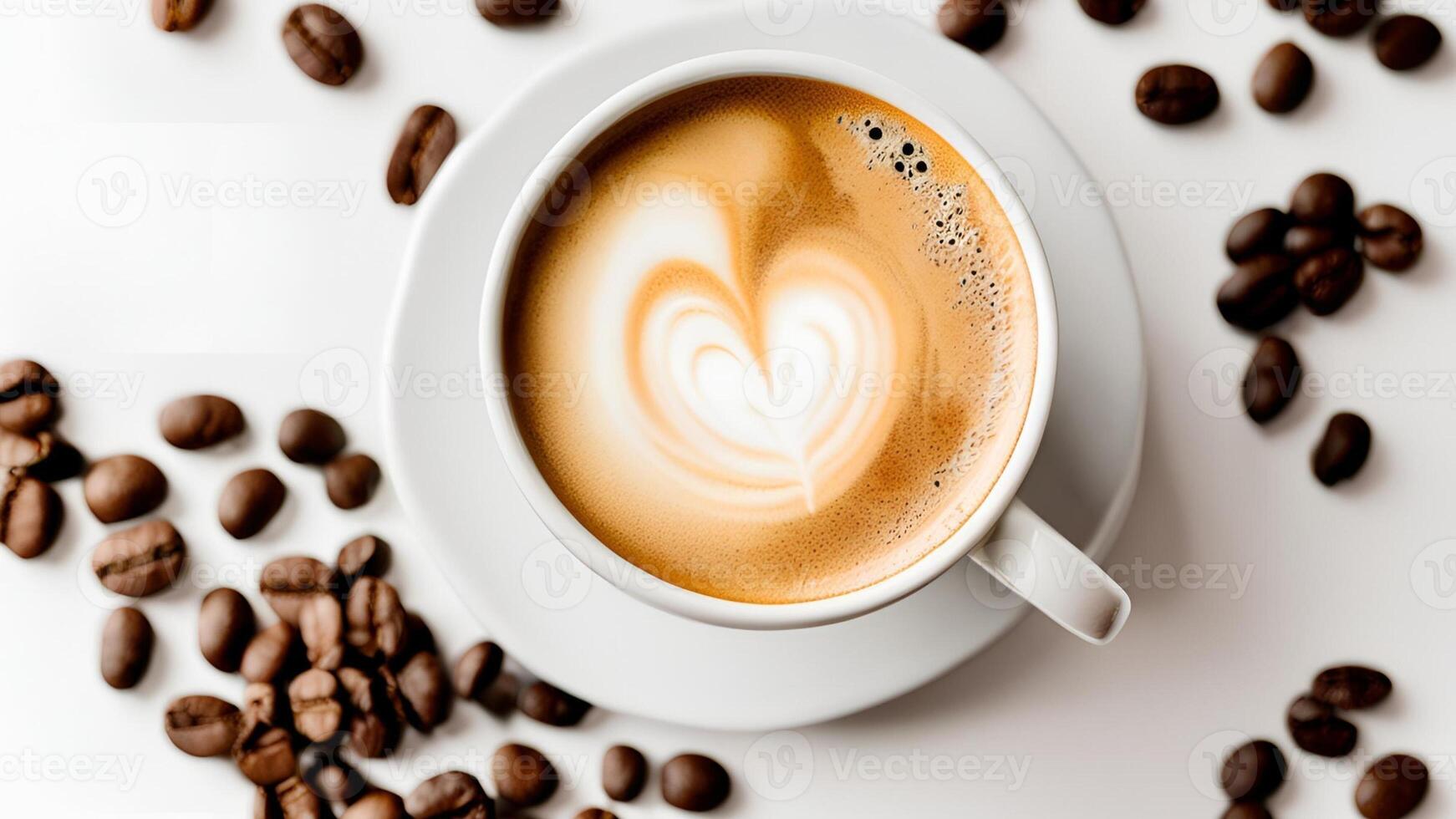 a cup of coffee with beans on white background photo