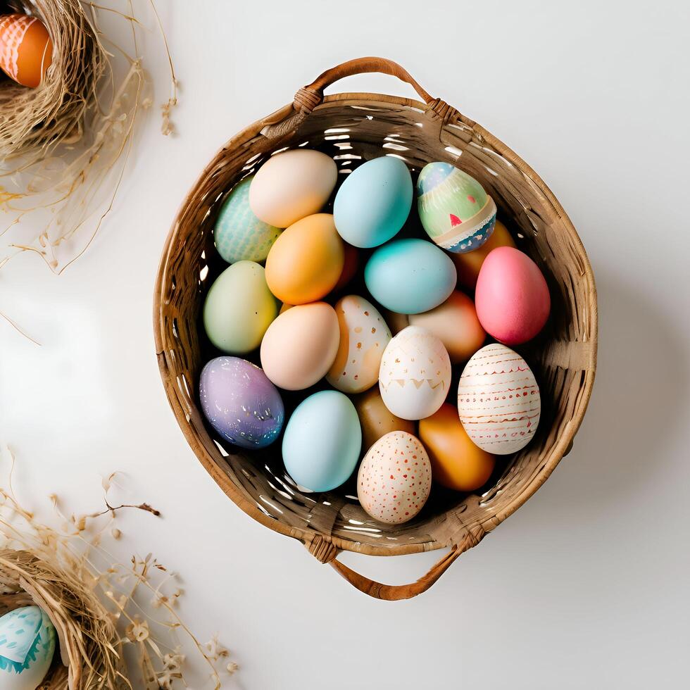 easter eggs in a basket on a white table photo