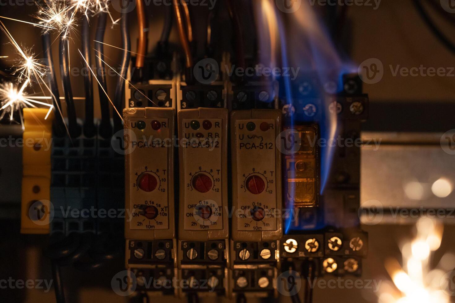 Electrical Panel with Sparks and Flames photo