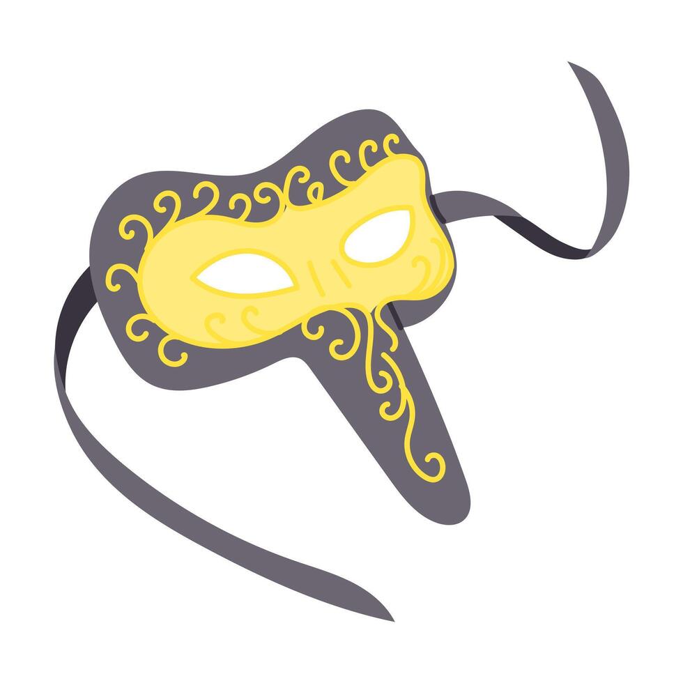 Elegant Venetian style masquerade mask with yellow and gray colors, featuring intricate scroll patterns and a flowing ribbon tie, designed in a minimalistic illustration style vector